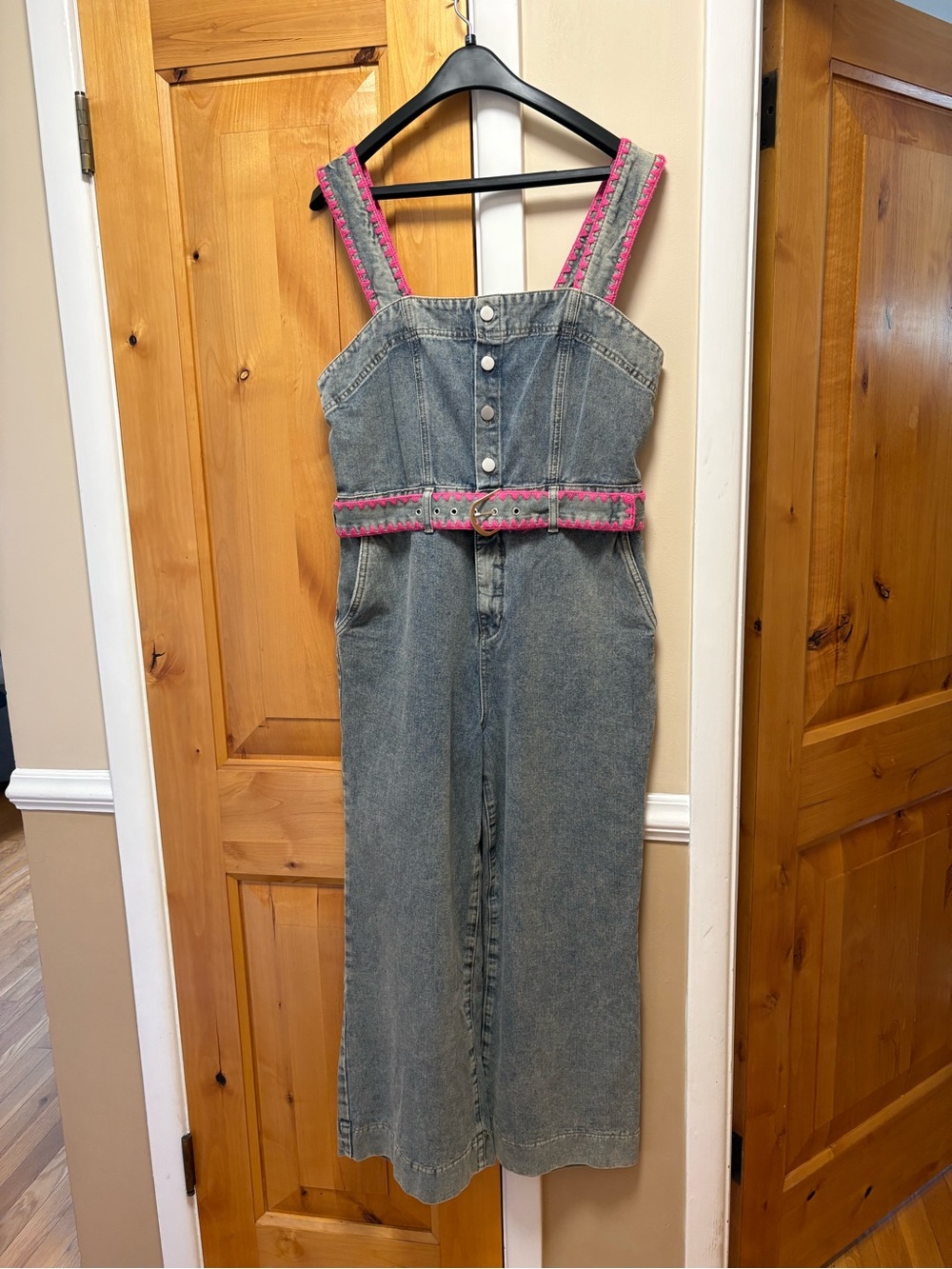 Denim Wide-Leg Jumpsuit with Pink Trim